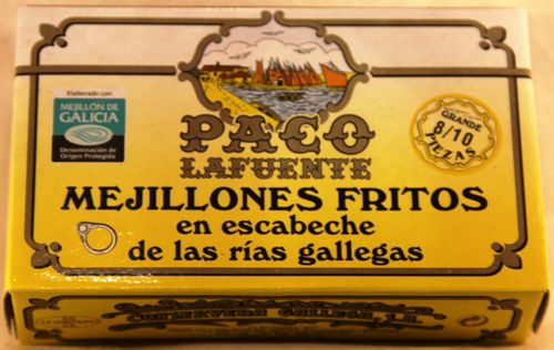 PACO LAFUENTE MEJILLONES FRITOS EN ESCABECHE GRANDES 8/10 PIEZAS LATA 115 g.
